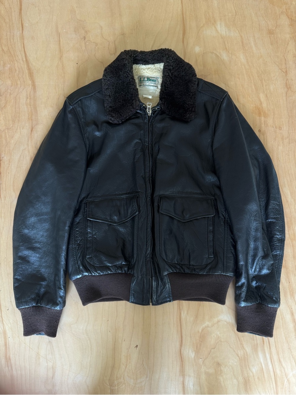 L.L. Bean Vintage Brown Leather Bomber Jacket with Sherpa Collar
